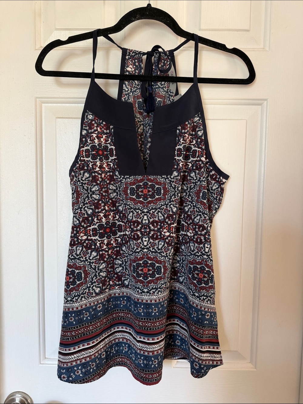 ATHLETA medallion dunes navy boho tassel tie tank XS - Picture 2 of 5